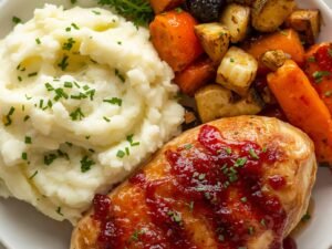 Cranberry orange chicken served with creamy mashed potatoes and roasted vegetables, close-up view.