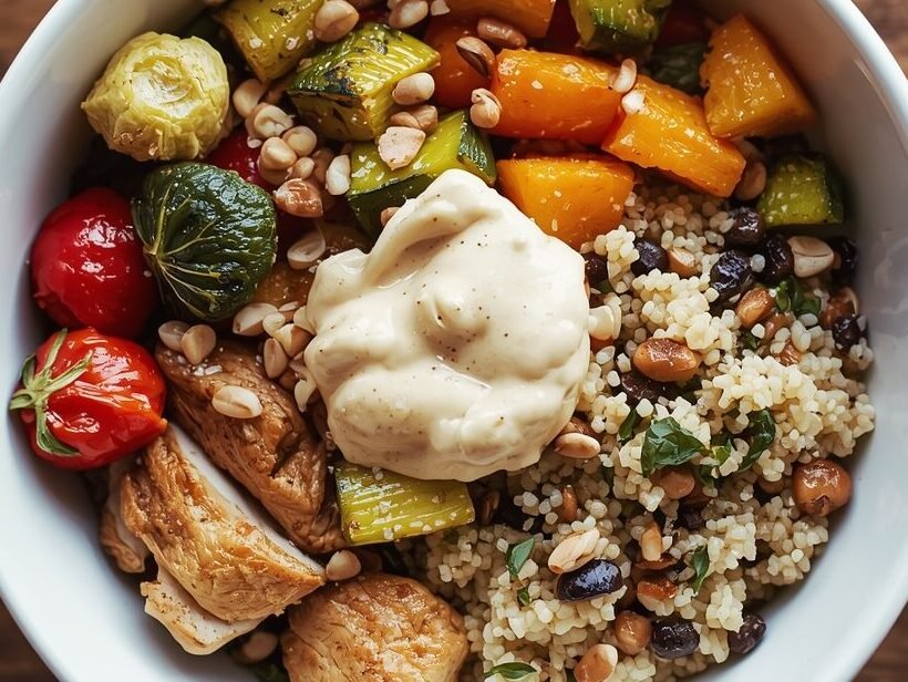 leftover meal prep bowl with grilled chicken, mixed grains, roasted vegetables, and creamy sauce — healthy use-up dinner idea