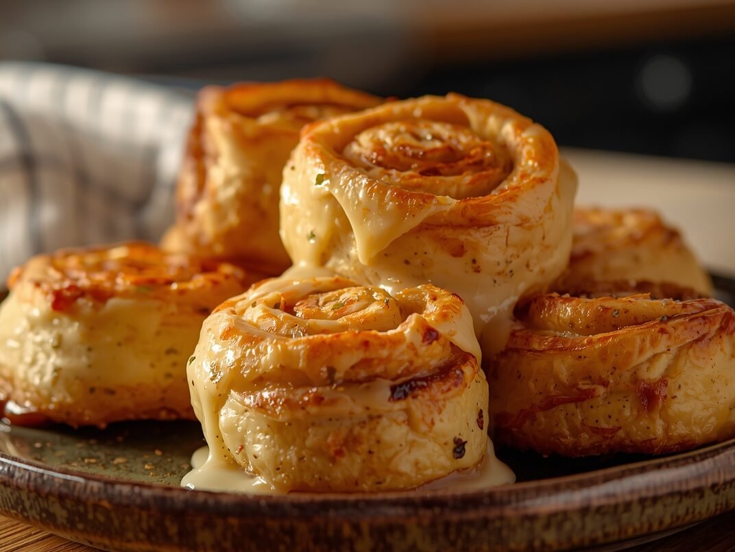 A cheesy garlic roll pulled apart showing gooey melted cheese inside