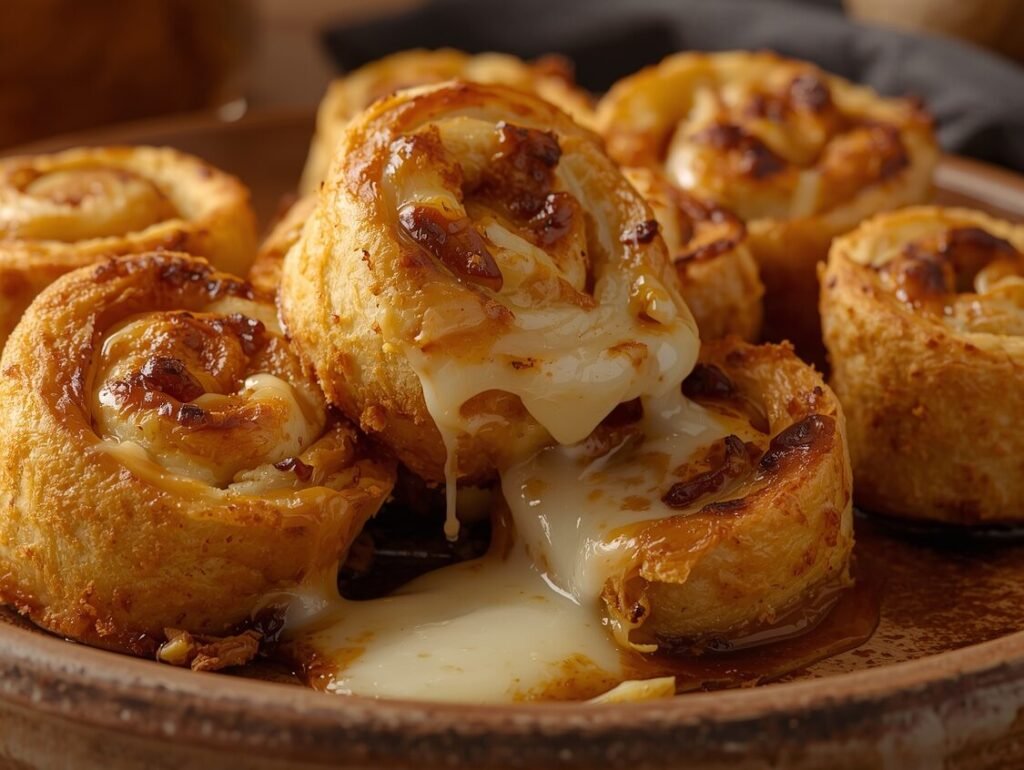 Cheesy garlic rolls on a wooden board garnished with fresh parsley.