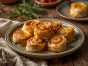 Golden-baked cheesy pinwheels on a ceramic plate with melted cheese, ready to serve."