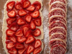 “Rolled dough topped with strawberry filling and sliced into sweet roll spirals.”