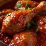 Cast‑iron pan filled with Nigerian chicken stew, rich tomato‑pepper sauce coating chicken pieces, rustic wooden table background“