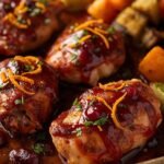 Juicy cranberry orange chicken served with soft orange rolls on a warm, cozy dinner plate.