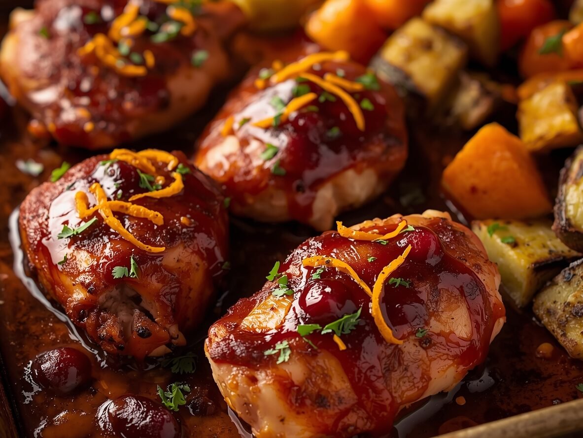 Juicy cranberry orange chicken served with soft orange rolls on a warm, cozy dinner plate.