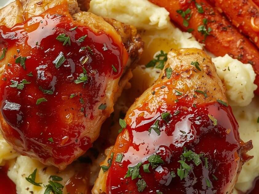 Realistic overhead shot of cranberry orange glazed chicken served beside soft golden orange rolls, fresh cranberries, and bright citrus slices.