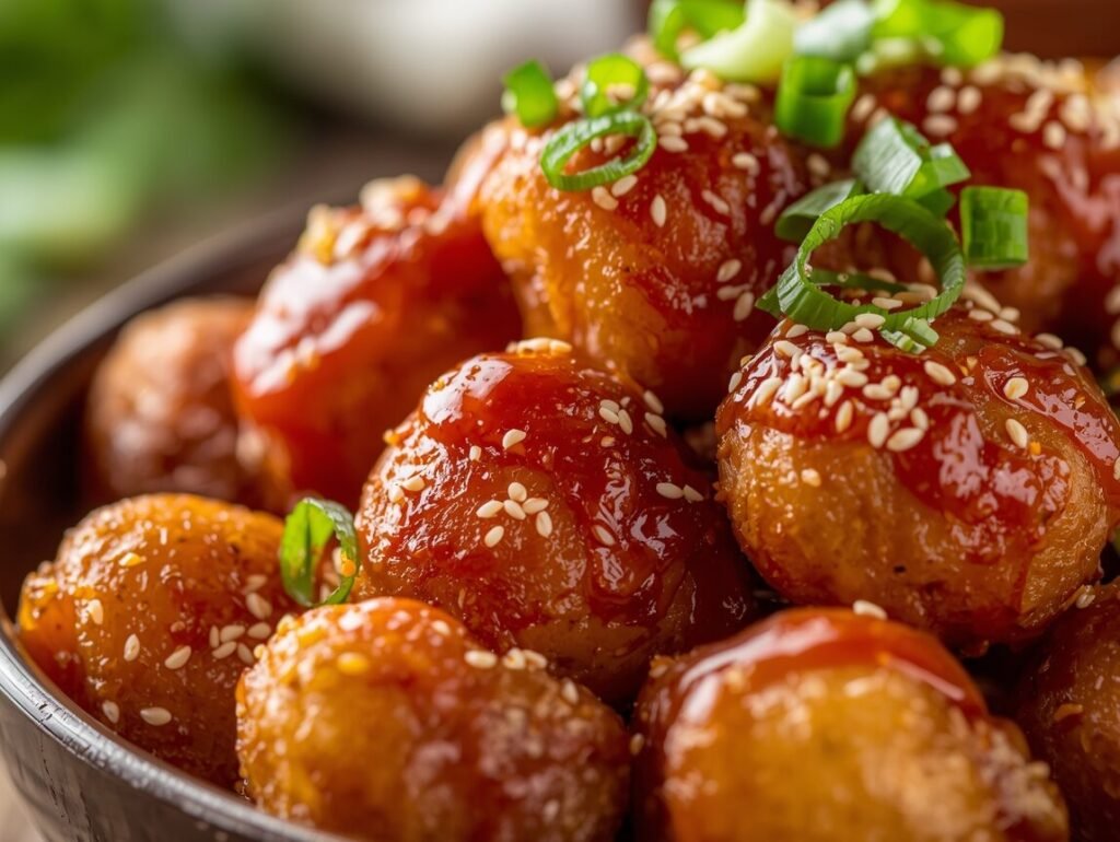 Side view of crispy Korean chili potatoes showing crunchy edges and glossy gochujang sauce, garnished with sesame seeds and spring onions.