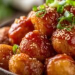Side view of crispy Korean chili potatoes showing crunchy edges and glossy gochujang sauce, garnished with sesame seeds and spring onions.