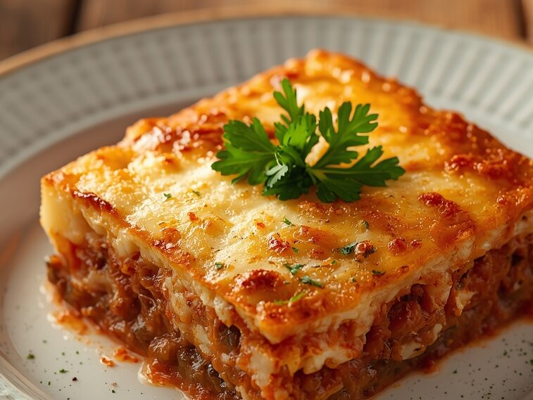 Slice of Greek Moussaka with creamy béchamel and layered eggplant