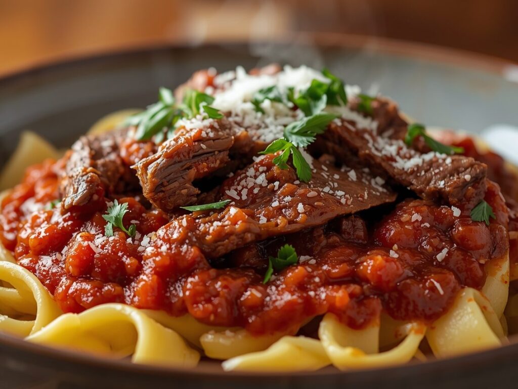 Tender shredded short rib in a rich tomato ragu, served over wide pappardelle pasta, topped with grated Parmesan and fresh rosemary on a rustic ceramic plate.