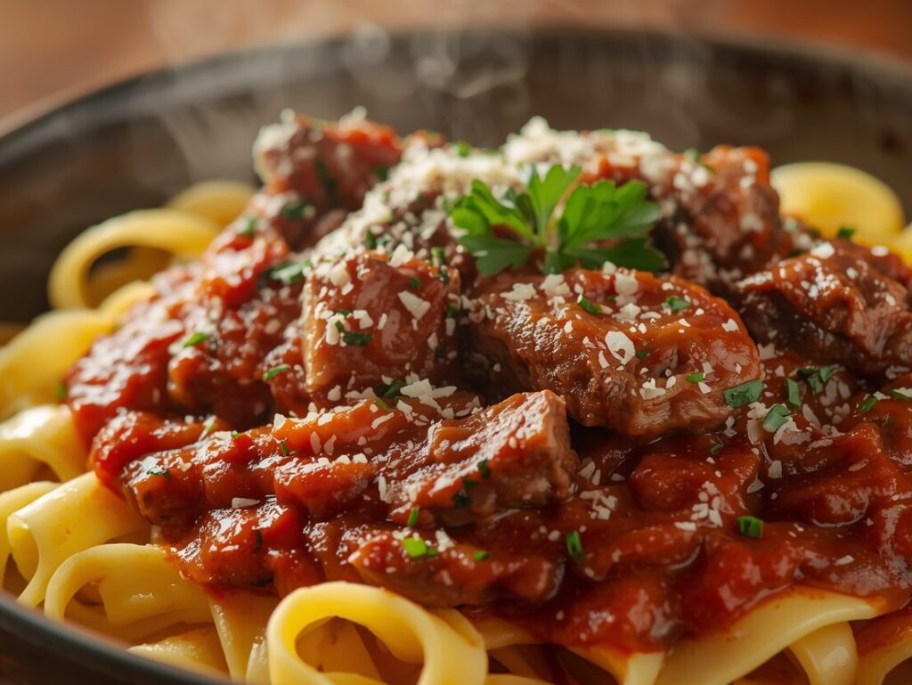 Close-up of tender shredded short rib in rich tomato sauce served over wide pappardelle pasta, garnished with Parmesan and rosemary, rustic ceramic plate.