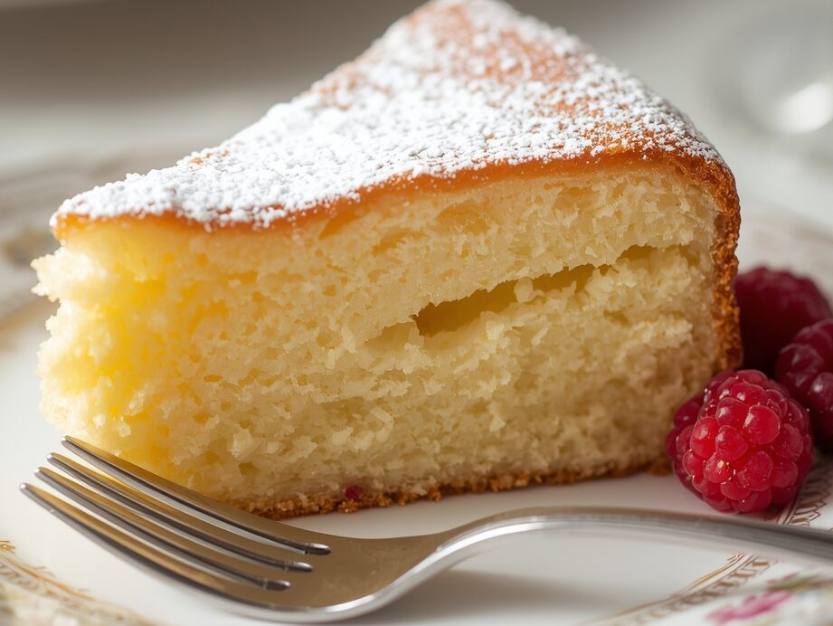 Close-up of a freshly baked French Butter Cake slice