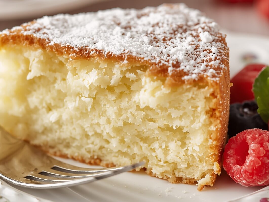 Close-up of a slice of French Butter Cake on a plate