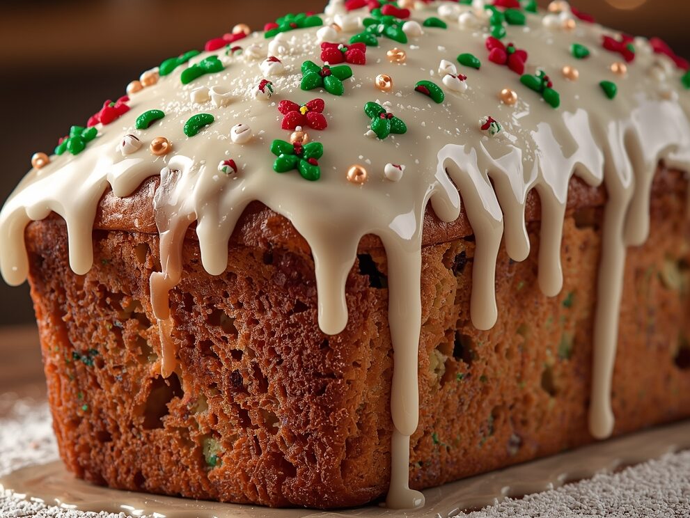 Christmas bread served on wooden board with holiday decor
Description: Loaf and slices arranged on wooden board, surrounded by Christmas decorations like pine cones and berries, inviting holiday vibe
