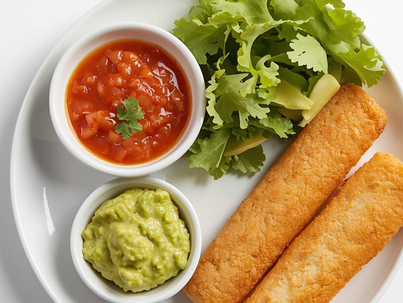 Cheesy taco sticks served with salsa and sour cream
