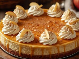 Whole apple cider cheesecake with caramel drizzle