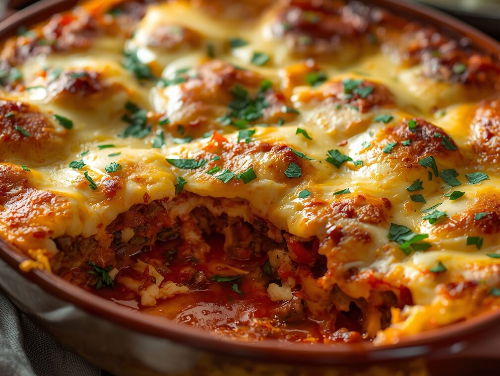 Golden baked Greek Moussaka with creamy béchamel and layered eggplant