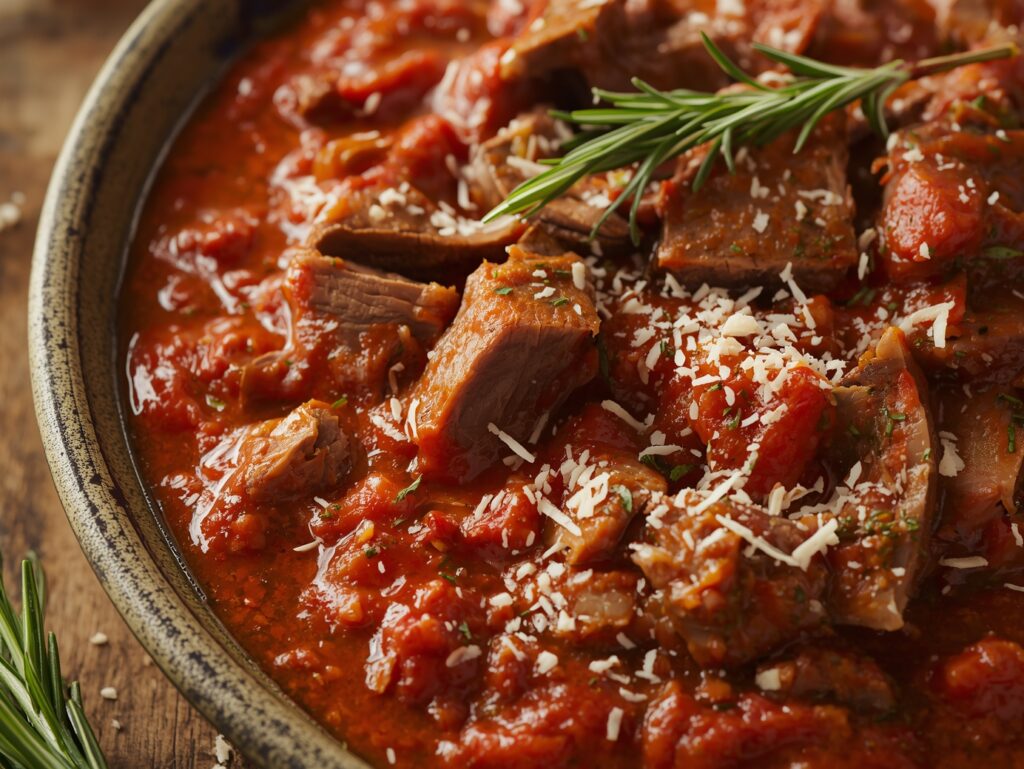 ender slow-cooked short ribs in a savory tomato sauce over pappardelle pasta, garnished with rosemary and freshly grated Parmesan, cozy wooden table setting.