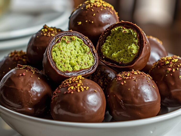 Chocolate truffle cut in half with vibrant green pistachio cream and golden kataifi strands visible