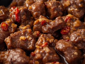 Glazed beef mixture in skillet