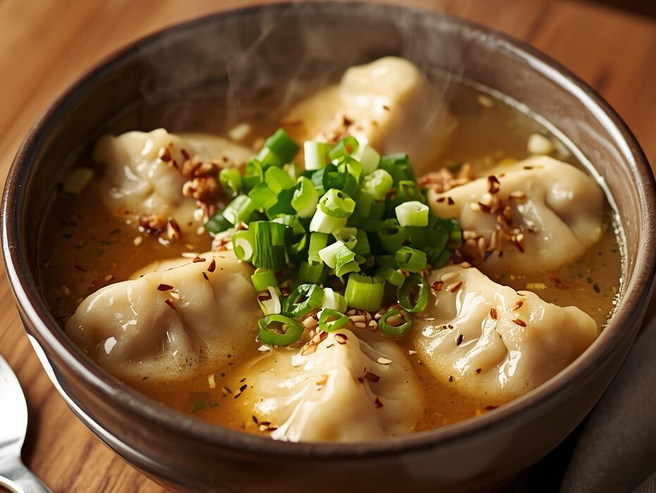 Steaming bowl of cozy potsticker soup with dumplings, napa cabbage, carrots, and green onions in a rustic bowl