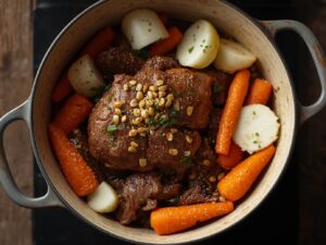 Vegetables added to Korean beef pot roast Title: Adding Vegetables
