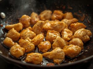 Chicken stir-frying with garlic and ginger in a wok