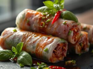 Close-up of Thai Basil Beef Rolls on wooden plate with fresh basil