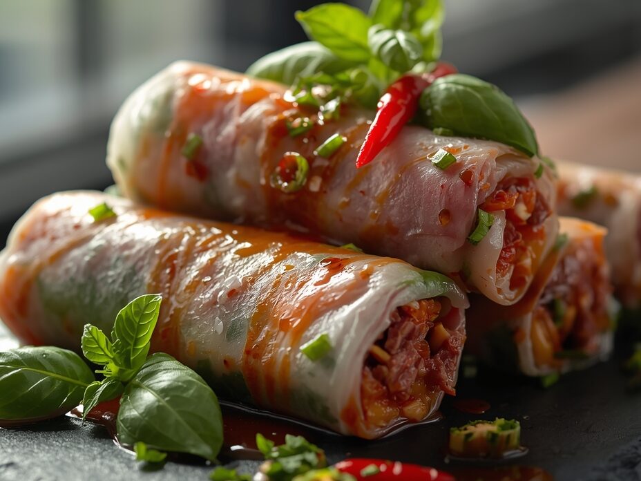 Close-up of Thai Basil Beef Rolls on wooden plate with fresh basil