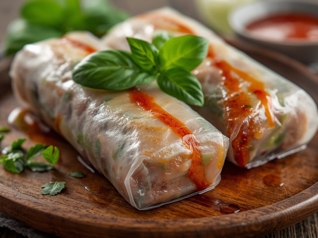 Close-up of Thai Basil Beef Rolls on wooden plate with fresh basil