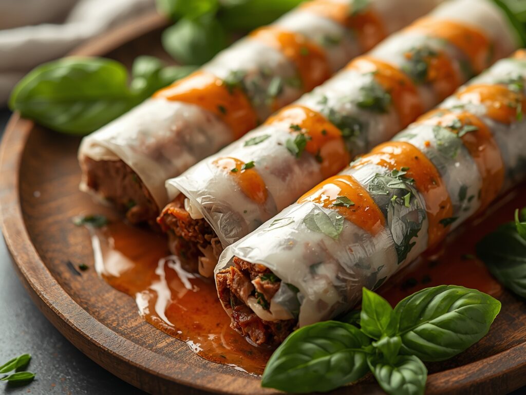 Close-up of Thai Basil Beef Rolls on wooden plate with fresh basil"