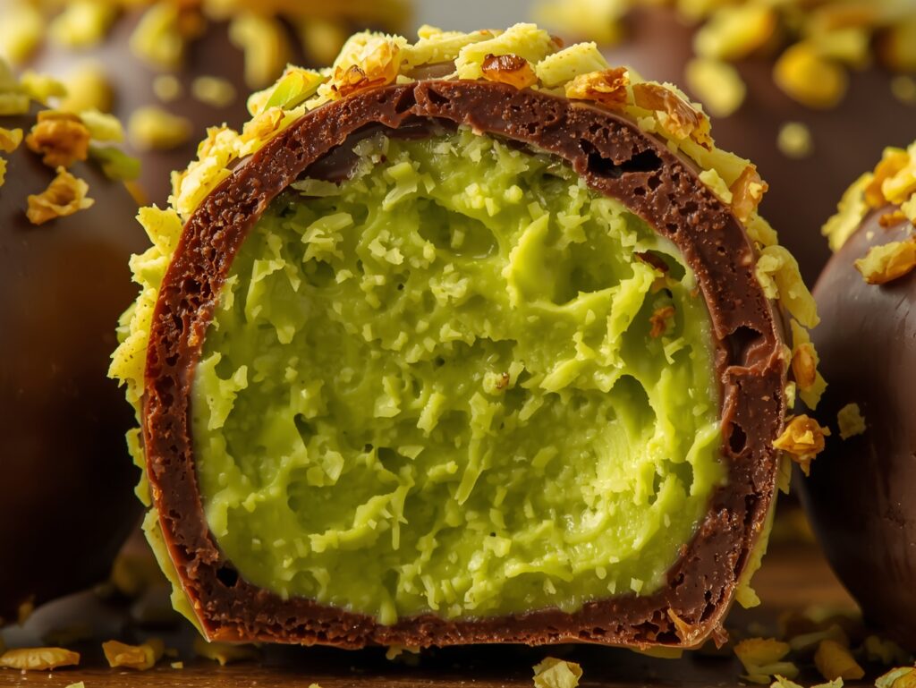 Bite-sized Dubai Chocolate Ball showing bright green pistachio center and crispy kataifi strands around it