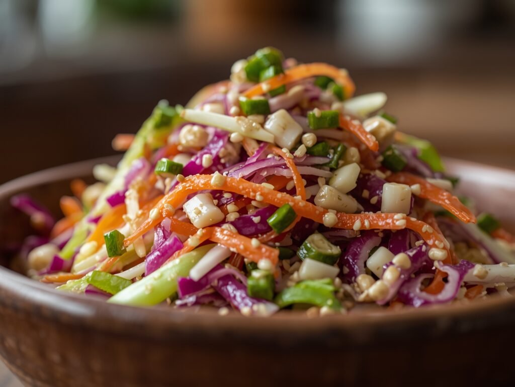 Colorful and crisp Asian cabbage slaw served in a rustic bowl, perfect for a healthy side dish.