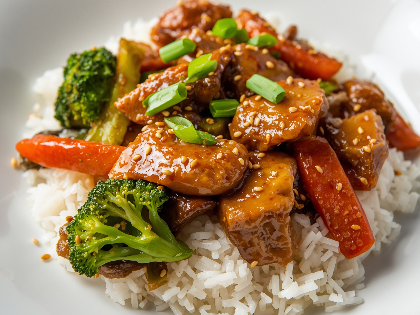 Plated Chinese beef and broccoli stir-fry with steamed rice, garnished with sesame seeds and green onions, ready to serve