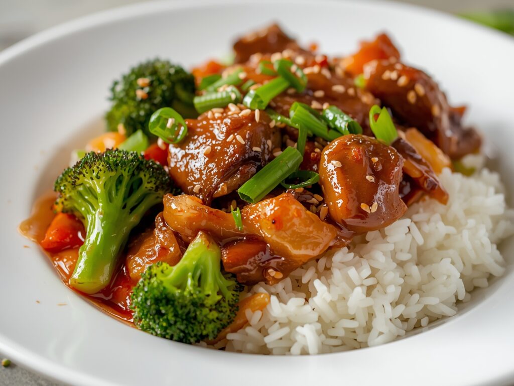 Overhead shot of Chinese beef and broccoli stir-fry with colorful vegetables on a white plate, served with steamed rice