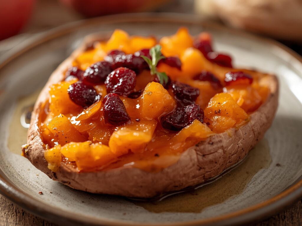 Close-up of baked sweet potatoes filled with apple and cranberry mixture