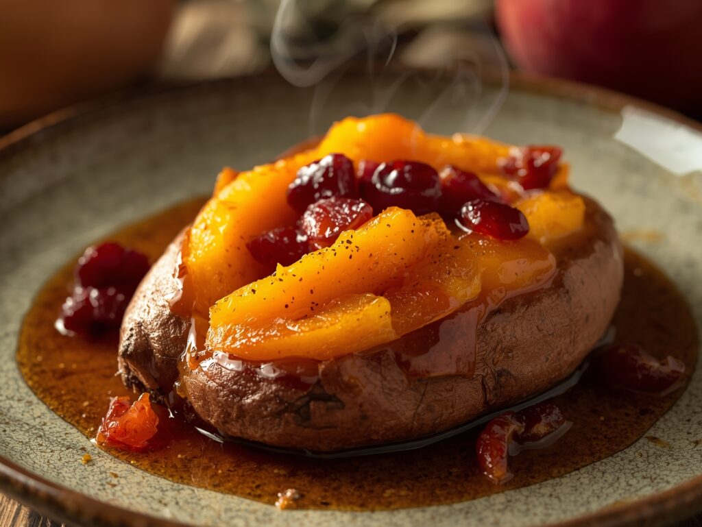 Close-up of golden baked sweet potatoes filled with cranberry and apple mixture