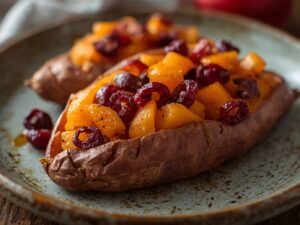 Side view of twice-baked sweet potato cut open showing creamy apple and cranberry filling