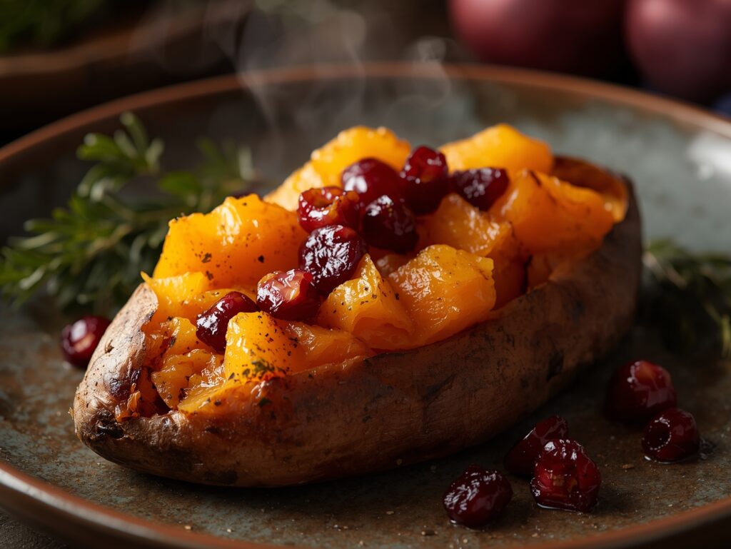 Top-down view of four twice-baked sweet potatoes topped with pecans and maple syrup