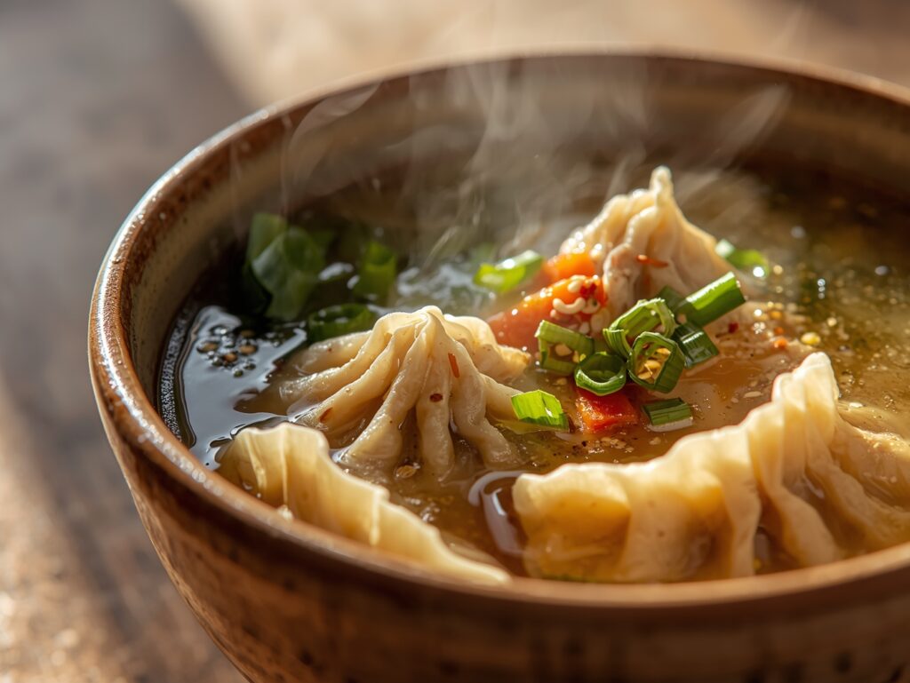 Serving steaming potsticker soup in rustic bowls