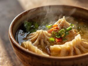 Serving steaming potsticker soup in rustic bowls