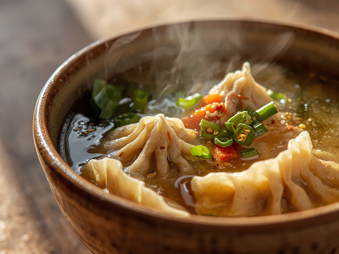 Serving steaming potsticker soup in rustic bowls