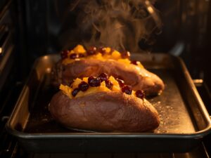 Golden baked sweet potatoes with apple and cranberry filling