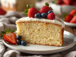 Slice of soft French Butter Cake with fresh strawberries and blueberries arranged on top, clean interior, cozy rustic kitchen background, natural soft lighting