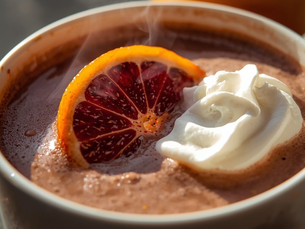 Half mug of Blood Orange Hot Chocolate with blood orange rondel, steam curling upward, cozy rustic background.