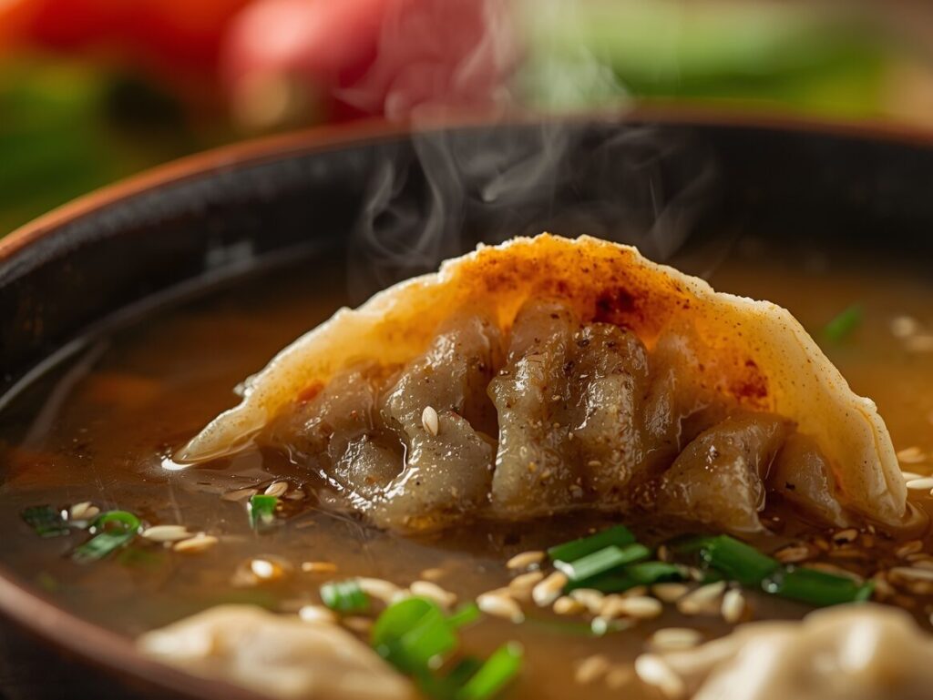 Seasoning potsticker soup with soy sauce and sesame oil