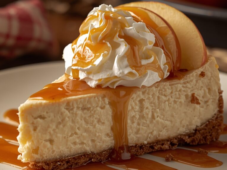 Close-up slice of apple cider cheesecake showing creamy texture