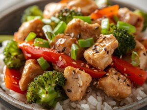 Plated beef and broccoli stir-fry with rice and garnishes