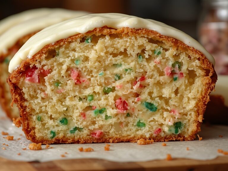 Festive breakfast setup featuring Christmas sprinkle bread Description: Christmas bread on plate, served with butter and cream cheese, surrounded by holiday decor and warm lights, perfect festive morning scene