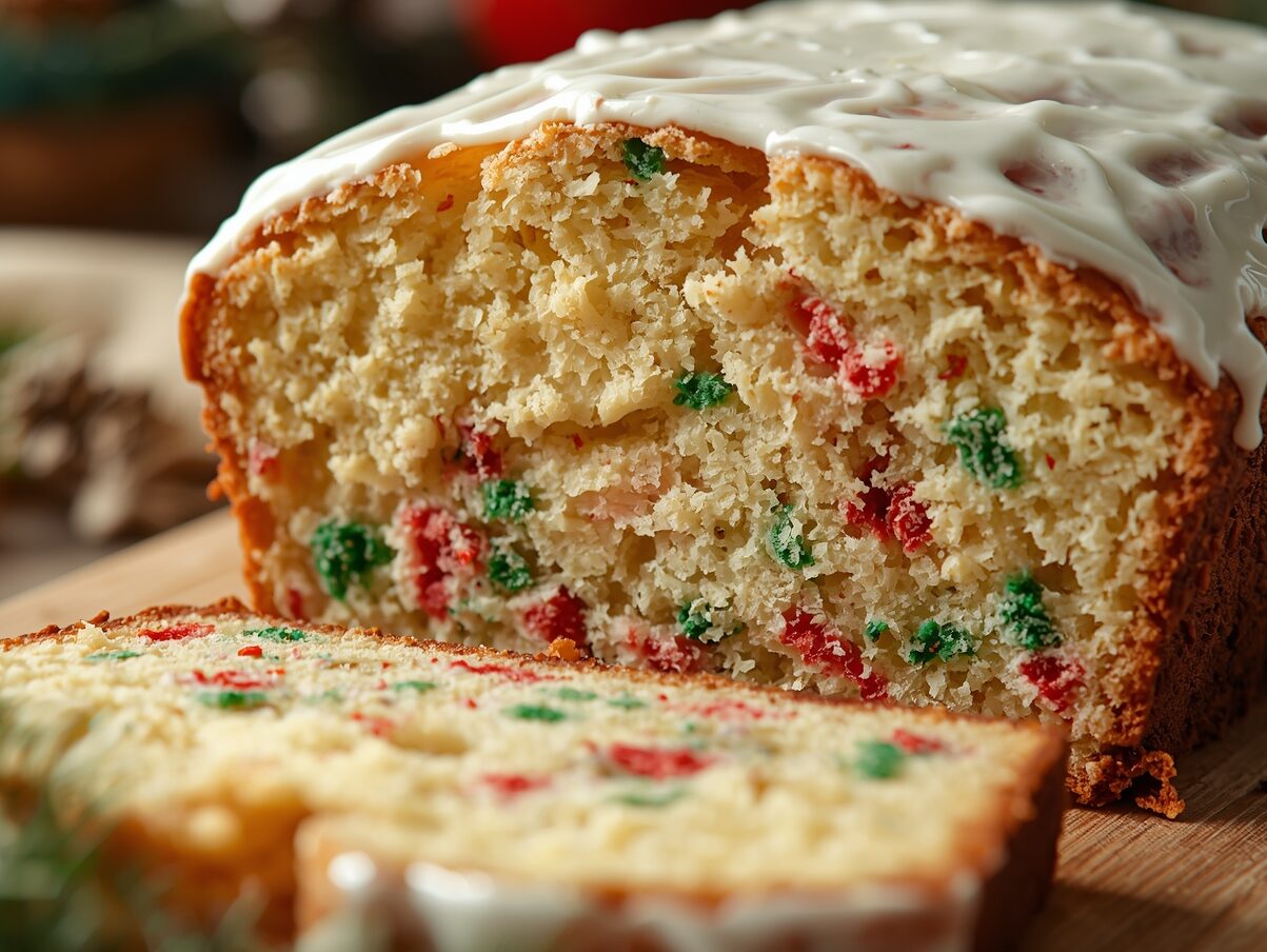Golden Christmas bread with red and green sprinkles on rustic table Description: Loaf of golden buttermilk bread topped with red and green sprinkles, rustic wooden background, Christmas pine branches, fairy lights, cozy festive holiday atmosphere